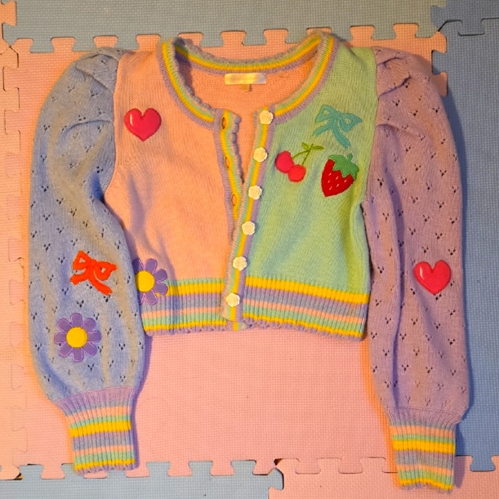 LoveShackFancy Pastel Cardigan with Heart and Fruit Accents